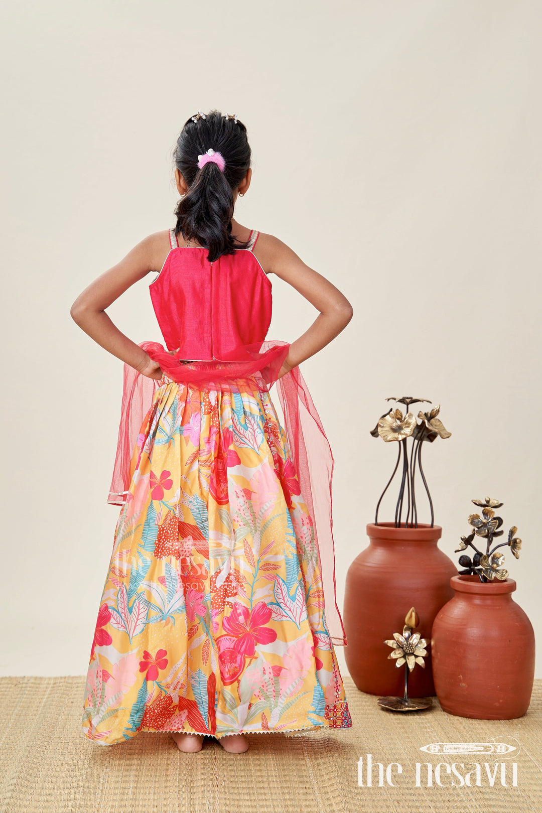 The Nesavu Girls Lehenga Choli Girls Yellow Floral Lehenga Choli with Embroidered Blouse and Dupatta Nesavu Nesavu Girls Yellow Floral Lehenga Choli Maroon Embroidered Blouse Mirror Work