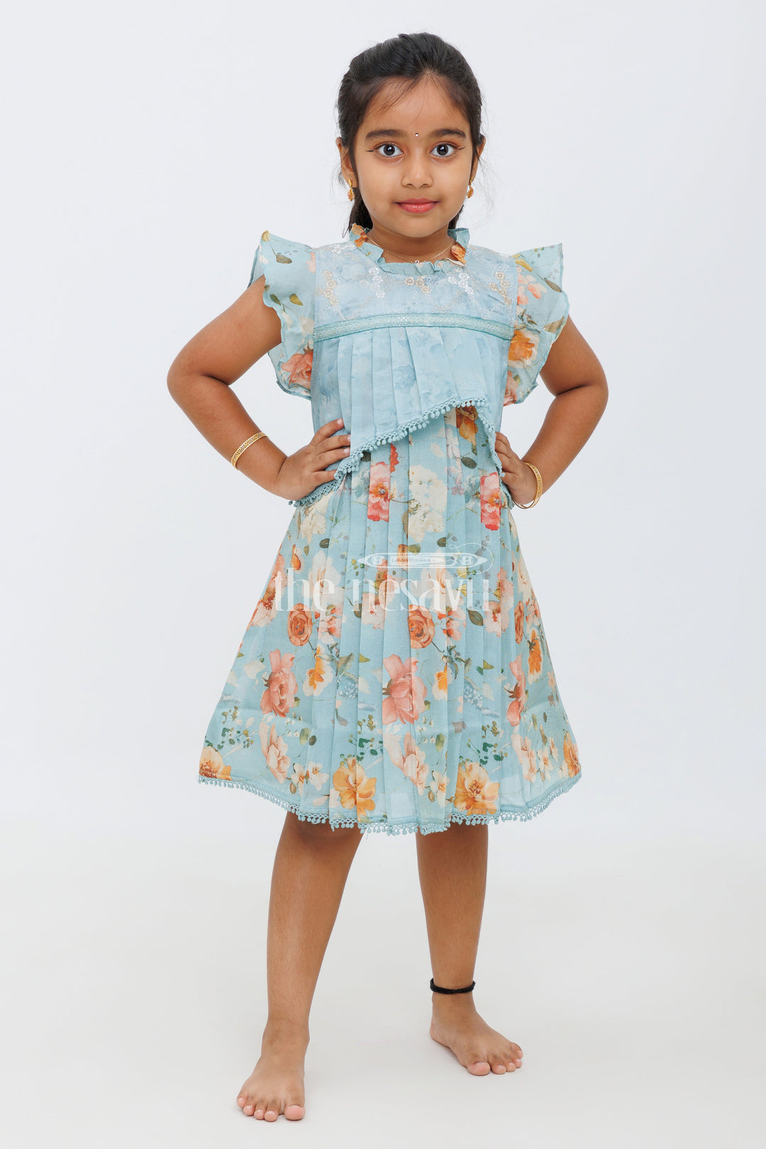 The Nesavu Girls Fancy Frock Girls Yellow Floral Printed Frock with Pleated Skirt Nesavu 22 (4Y) / Blue GFC1410A-22 Nesavu Girls Floral Yellow Frock Lace Details Pleated Skirt