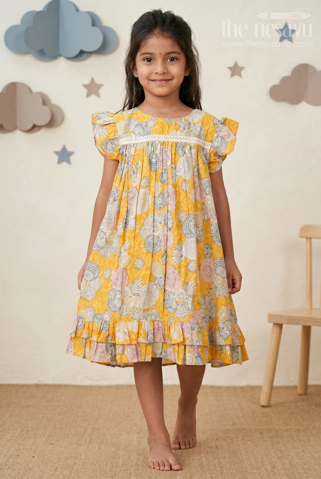 The Nesavu Girls Fancy Frock Girls Yellow Frock Design in Moadal Silk with Digital Floral Print and Ruffle Sleeves for Bright Looks Nesavu 18 (2Y) / Yellow GFC1759A-18 Nesavu Girls Yellow Frock Design Moadal Silk Floral Print Ruffle Sleeves