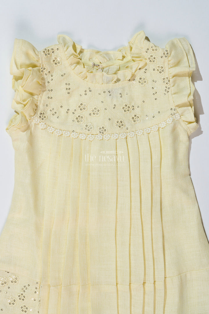 The Nesavu Girls Cotton Frock Girls Yellow Frock with Floral Embroidery and Pleats for Stylish Everyday Wear Nesavu Girls Yellow Cotton Frock Embroidery Pleated Skirt Everyday Party Wear | The Nesavu