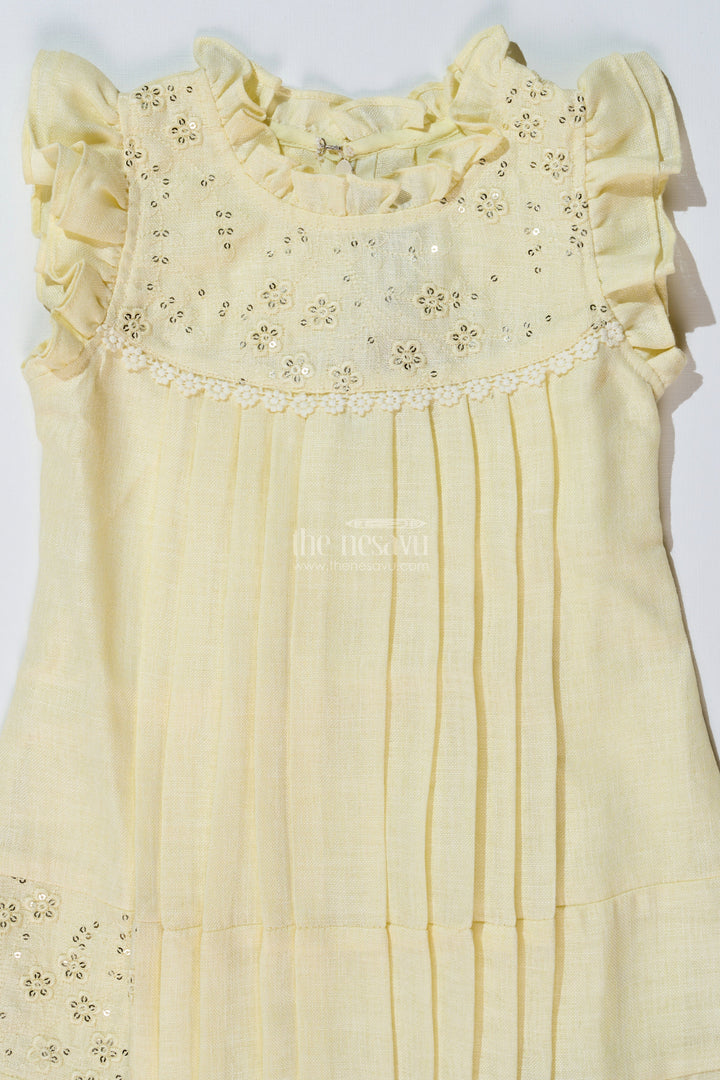 The Nesavu Girls Cotton Frock Girls Yellow Frock with Floral Embroidery and Pleats for Stylish Everyday Wear Nesavu Girls Yellow Cotton Frock Embroidery Pleated Skirt Everyday Party Wear | The Nesavu