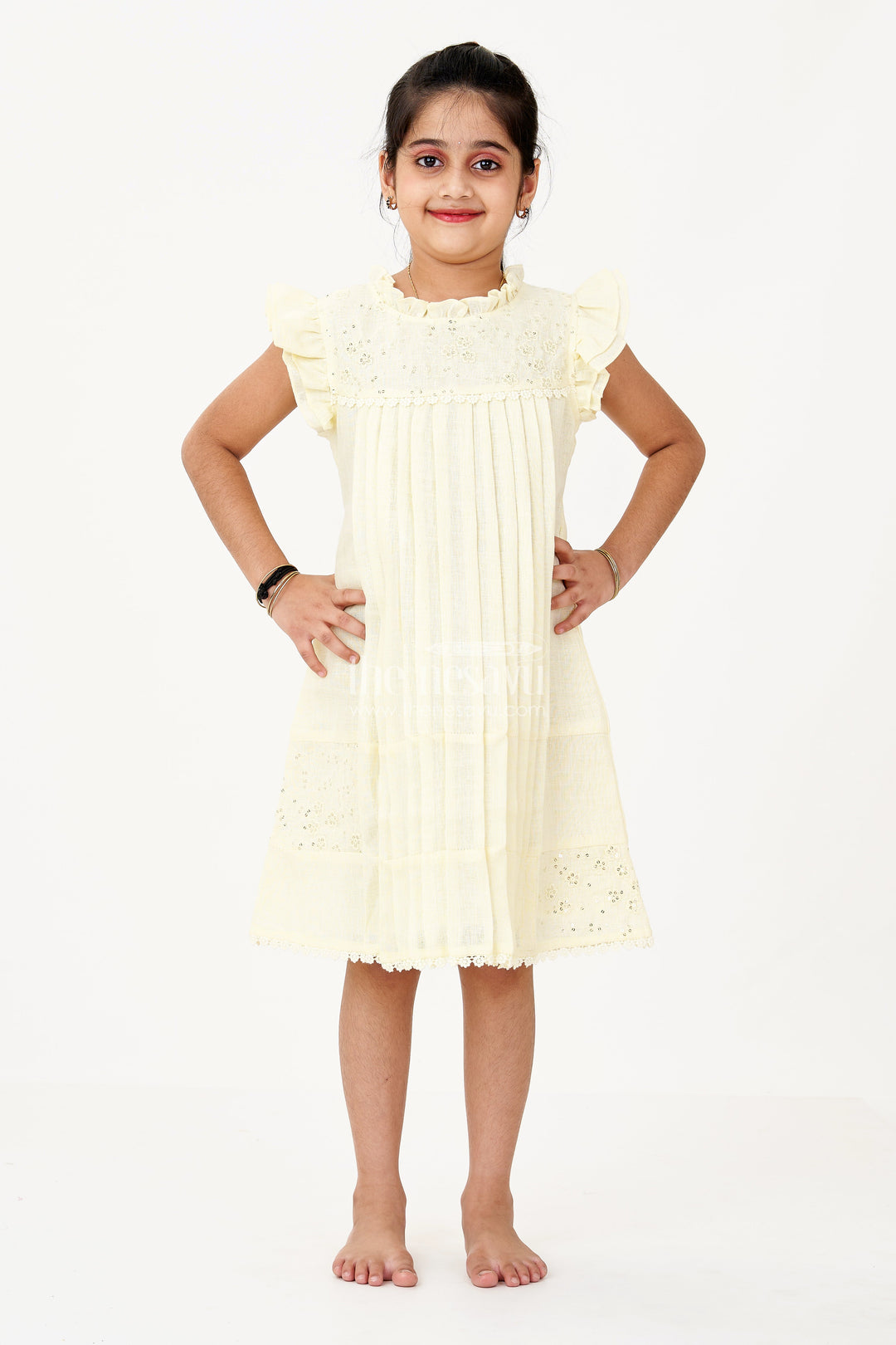 The Nesavu Girls Cotton Frock Girls Yellow Frock with Floral Embroidery and Pleats for Stylish Everyday Wear Nesavu Girls Yellow Cotton Frock Embroidery Pleated Skirt Everyday Party Wear | The Nesavu