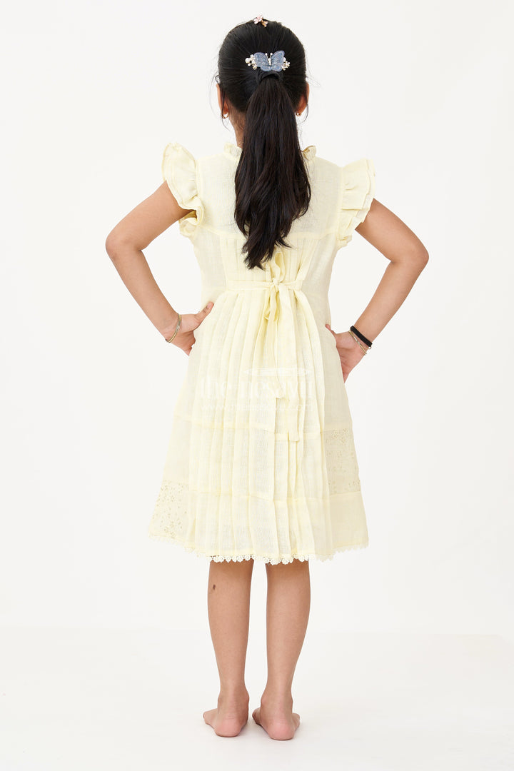 The Nesavu Girls Cotton Frock Girls Yellow Frock with Floral Embroidery and Pleats for Stylish Everyday Wear Nesavu Nesavu Girls Yellow Cotton Frock Embroidery Pleated Skirt Everyday Party Wear