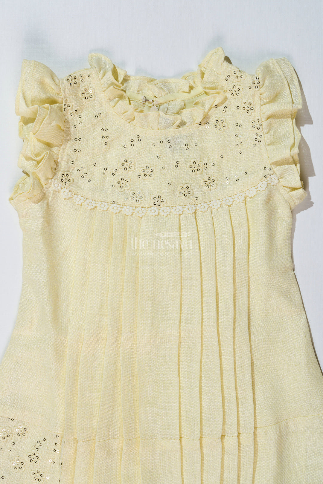 The Nesavu Girls Cotton Frock Girls Yellow Frock with Floral Embroidery and Pleats for Stylish Everyday Wear Nesavu Nesavu Girls Yellow Cotton Frock Embroidery Pleated Skirt Everyday Party Wear