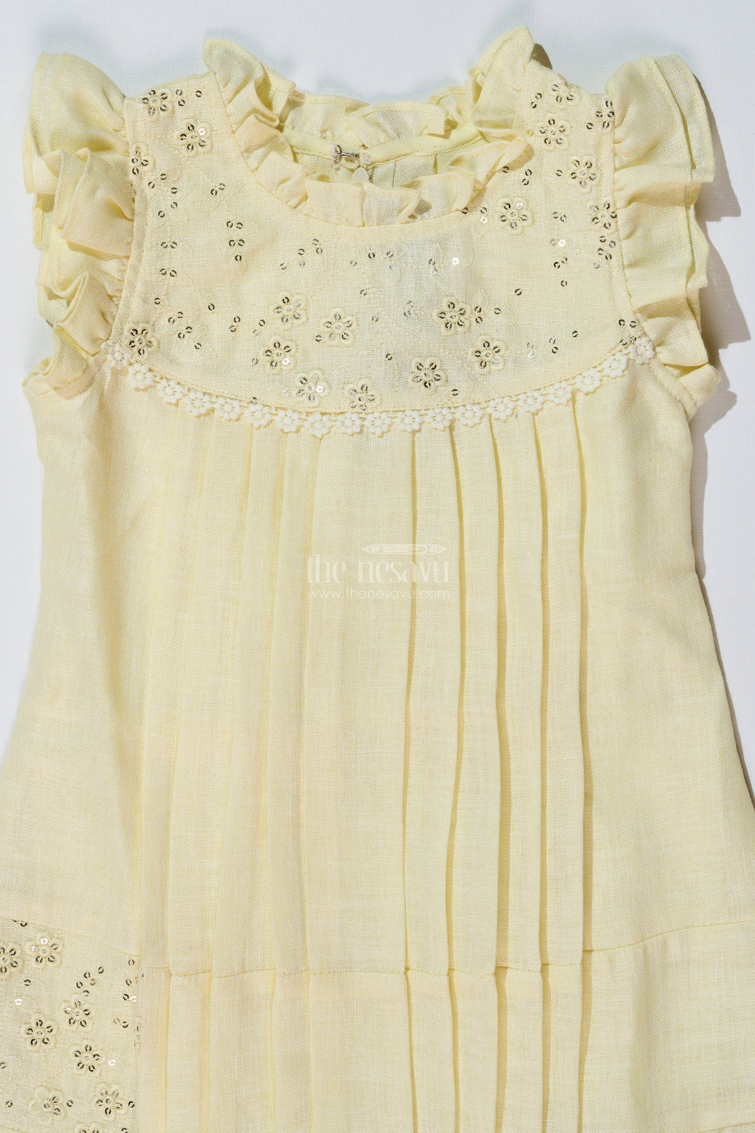 The Nesavu Girls Cotton Frock Girls Yellow Frock with Floral Embroidery and Pleats for Stylish Everyday Wear Nesavu Nesavu Girls Yellow Cotton Frock Embroidery Pleated Skirt Everyday Party Wear