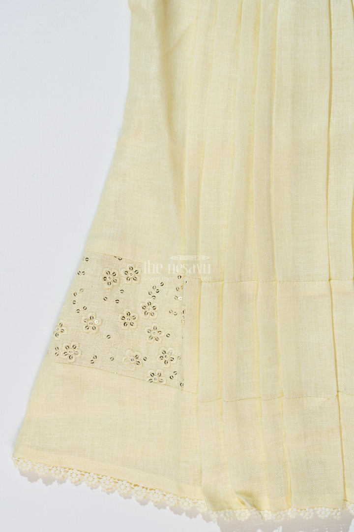 The Nesavu Girls Cotton Frock Girls Yellow Frock with Floral Embroidery and Pleats for Stylish Everyday Wear Nesavu Nesavu Girls Yellow Cotton Frock Embroidery Pleated Skirt Everyday Party Wear