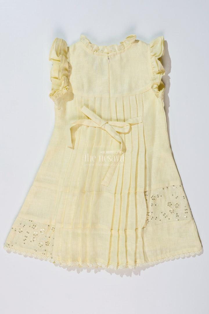 The Nesavu Girls Cotton Frock Girls Yellow Frock with Floral Embroidery and Pleats for Stylish Everyday Wear Nesavu Nesavu Girls Yellow Cotton Frock Embroidery Pleated Skirt Everyday Party Wear