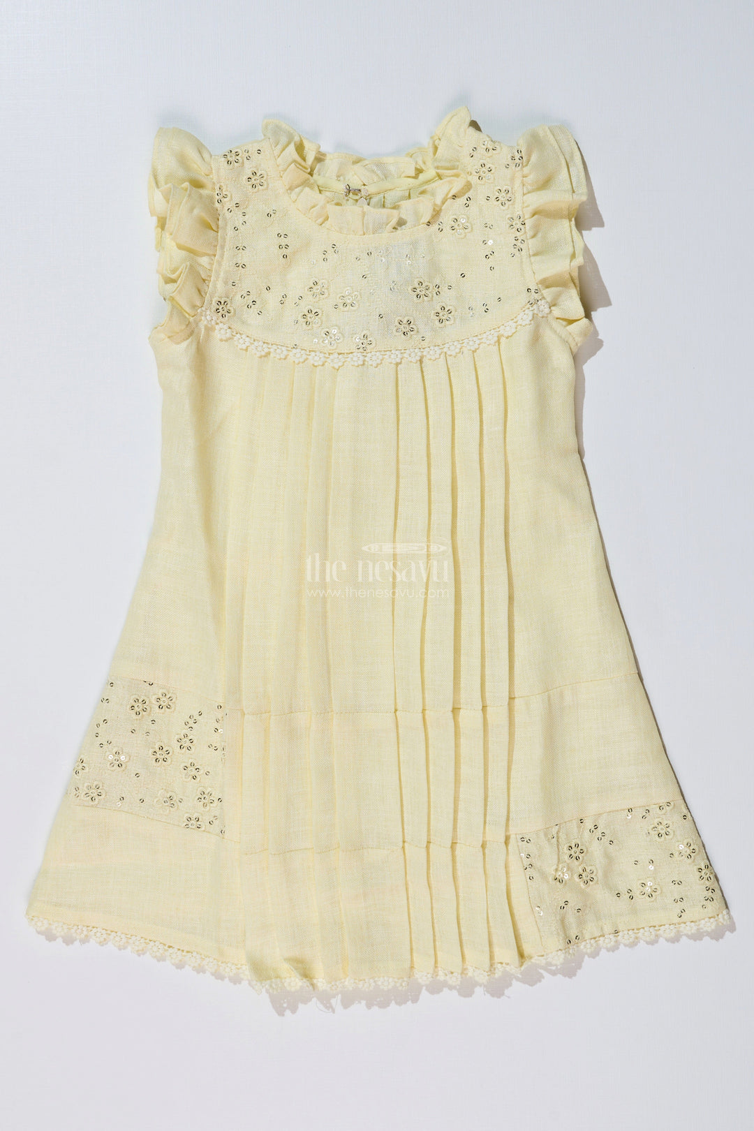 The Nesavu Girls Cotton Frock Girls Yellow Frock with Floral Embroidery and Pleats for Stylish Everyday Wear Nesavu Nesavu Girls Yellow Cotton Frock Embroidery Pleated Skirt Everyday Party Wear