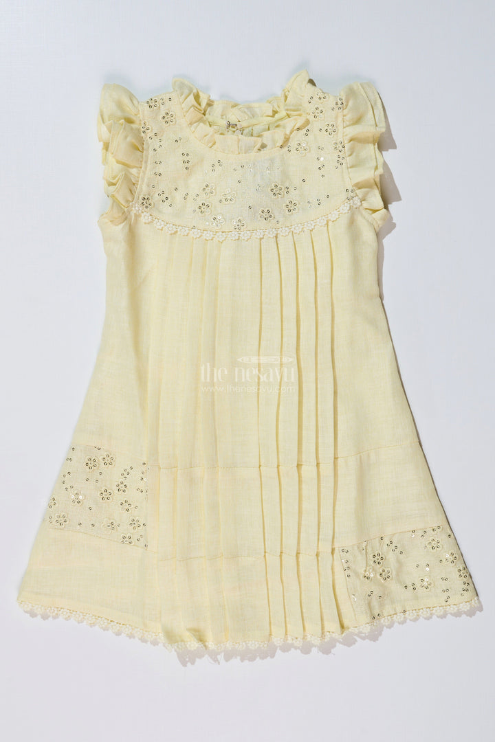The Nesavu Girls Cotton Frock Girls Yellow Frock with Floral Embroidery and Pleats for Stylish Everyday Wear Nesavu Nesavu Girls Yellow Cotton Frock Embroidery Pleated Skirt Everyday Party Wear