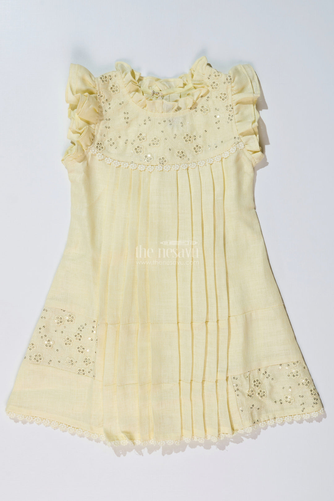 The Nesavu Girls Cotton Frock Girls Yellow Frock with Floral Embroidery and Pleats for Stylish Everyday Wear Nesavu Nesavu Girls Yellow Cotton Frock Embroidery Pleated Skirt Everyday Party Wear