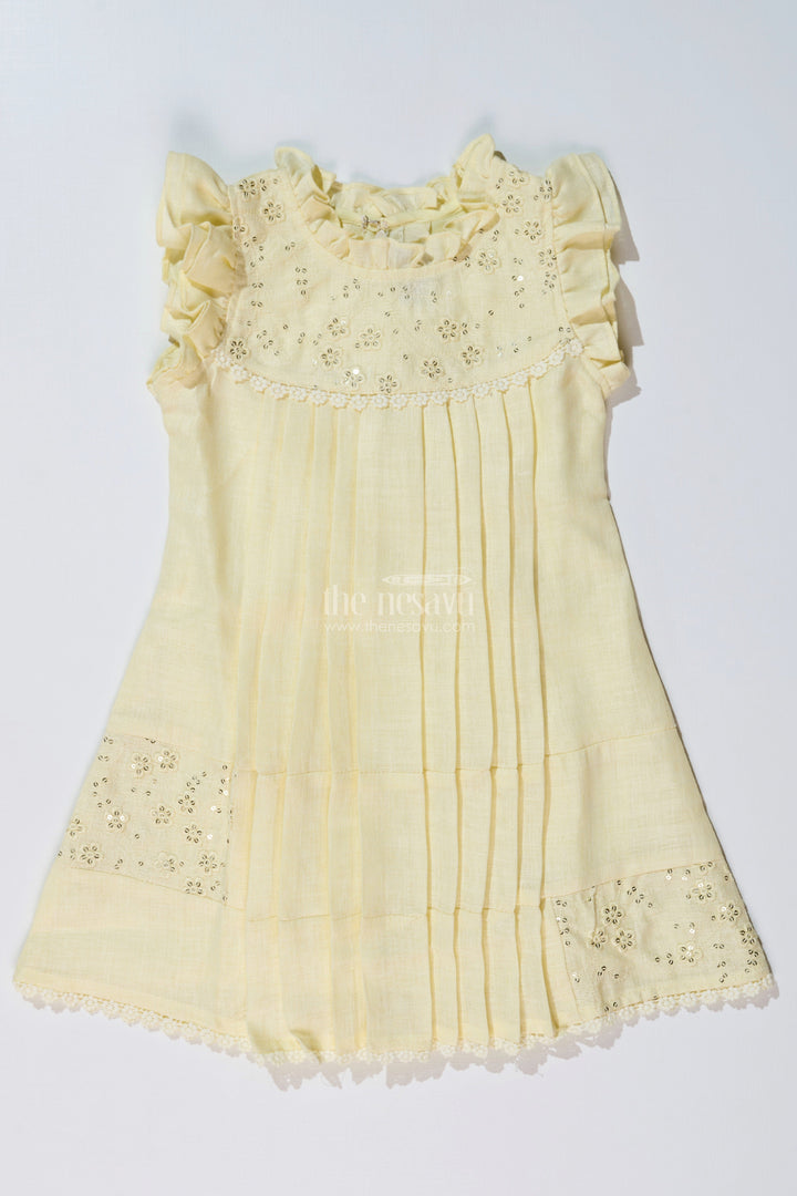 The Nesavu Girls Cotton Frock Girls Yellow Frock with Floral Embroidery and Pleats for Stylish Everyday Wear Nesavu Nesavu Girls Yellow Cotton Frock Embroidery Pleated Skirt Everyday Party Wear