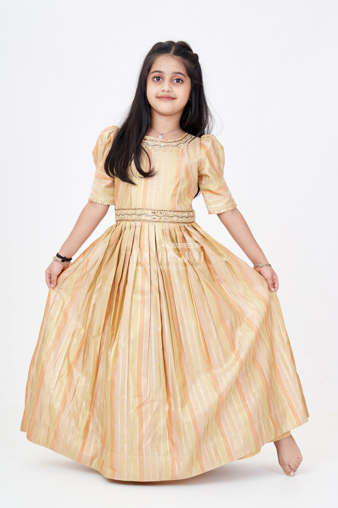 The Nesavu Girls Silk Gown Girls Yellow Georgette Anarkali with Gold Striped Pattern and Embroidered Neckline Nesavu 18 (2Y) / Yellow GA291A-18 Girls Elegant Yellow Georgette Anarkali Embroidery Gold Stripes | The Nesavu