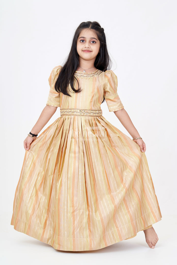 The Nesavu Girls Silk Gown Girls Yellow Georgette Anarkali with Gold Striped Pattern and Embroidered Neckline Nesavu 18 (2Y) / Yellow GA291A-18 Girls Elegant Yellow Georgette Anarkali Embroidery Gold Stripes | The Nesavu