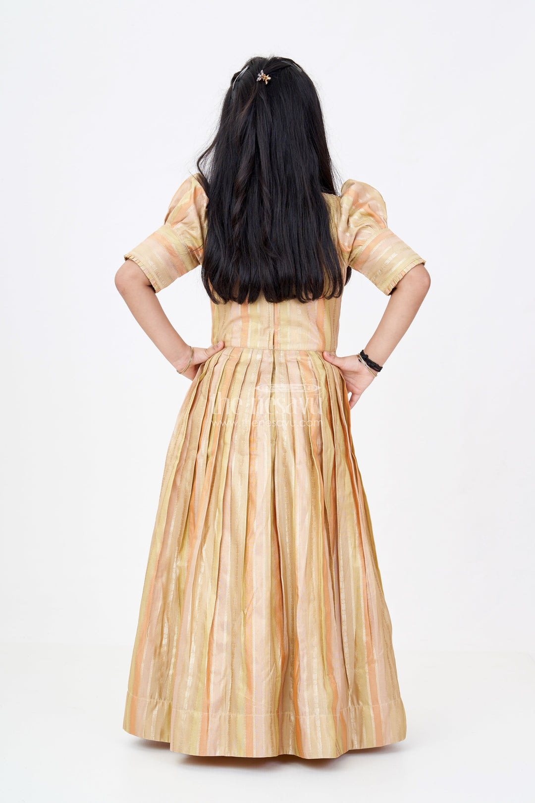 The Nesavu Girls Silk Gown Girls Yellow Georgette Anarkali with Gold Striped Pattern and Embroidered Neckline Nesavu Girls Elegant Yellow Georgette Anarkali Embroidery Gold Stripes | The Nesavu