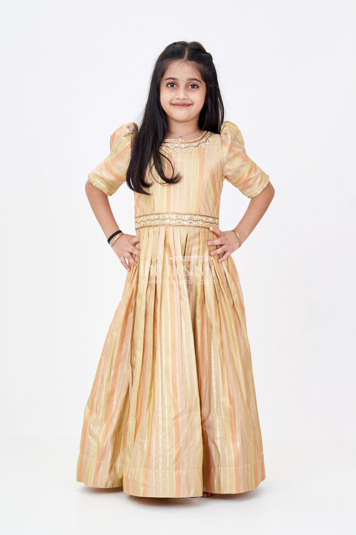 The Nesavu Girls Silk Gown Girls Yellow Georgette Anarkali with Gold Striped Pattern and Embroidered Neckline Nesavu Girls Elegant Yellow Georgette Anarkali Embroidery Gold Stripes | The Nesavu