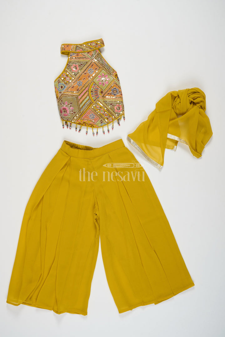 The Nesavu Girls Sharara / Plazo Set Girls Yellow Georgette Embroidered Sharara Plazo Set Christmas Special Dress Nesavu Girls Yellow Georgette Embroidered Sharara Plazo Set Nesavu Diwali Special Dress Festive Occasions