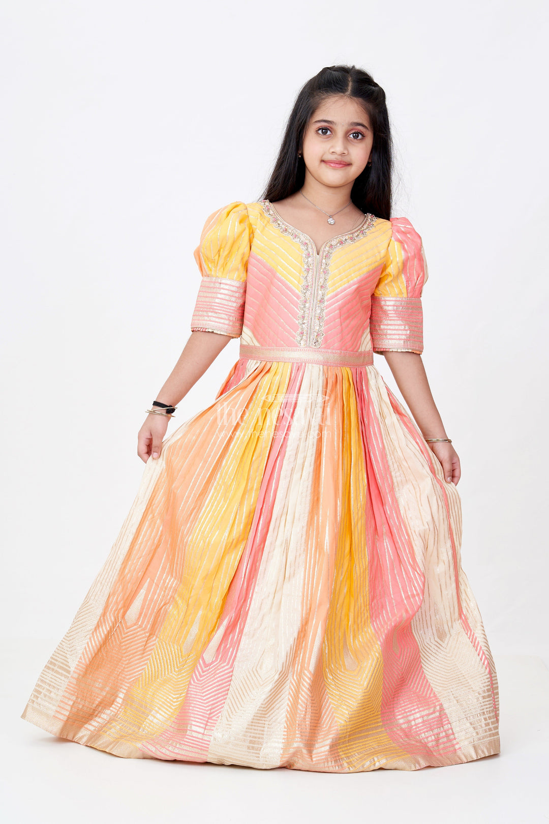 The Nesavu Girls Silk Gown Girls Yellow Gown with Banarasi Kali Jacquard Silk and Embellished Neckline for Festive Wear Nesavu 18 (2Y) / Yellow GA299A-18 Girls Yellow Gown Banarasi Kali Jacquard Silk Embellished Neckline Festive Wear | The Nesavu