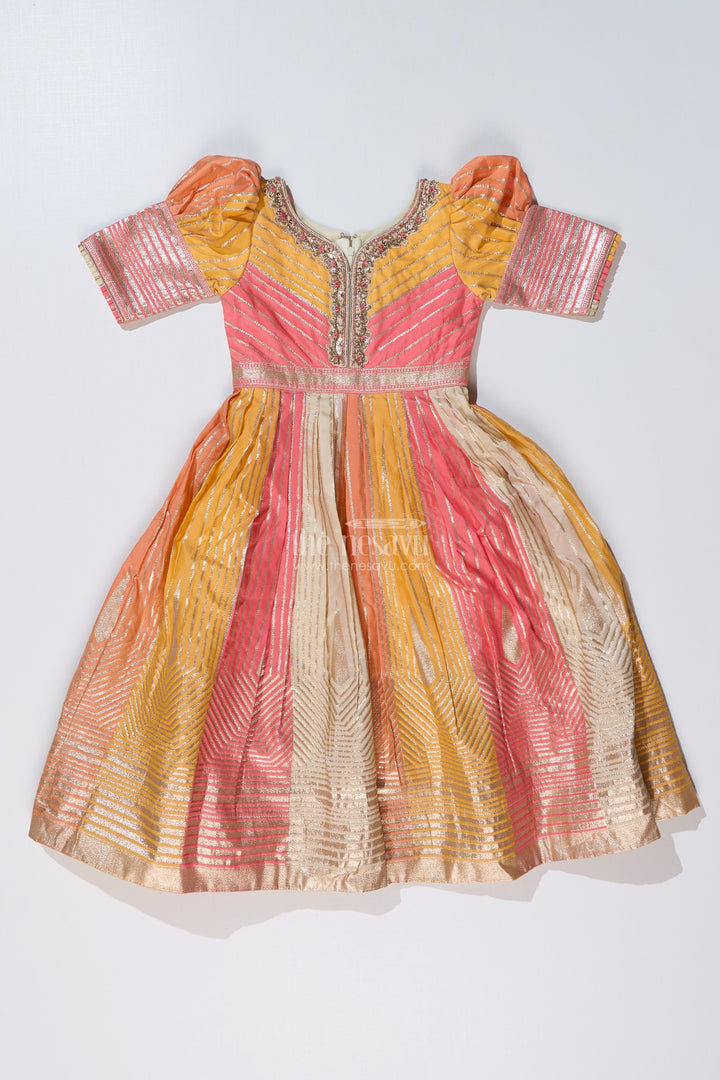 The Nesavu Girls Silk Gown Girls Yellow Gown with Banarasi Kali Jacquard Silk and Embellished Neckline for Festive Wear Nesavu Girls Yellow Gown Banarasi Kali Jacquard Silk Embellished Neckline Festive Wear | The Nesavu