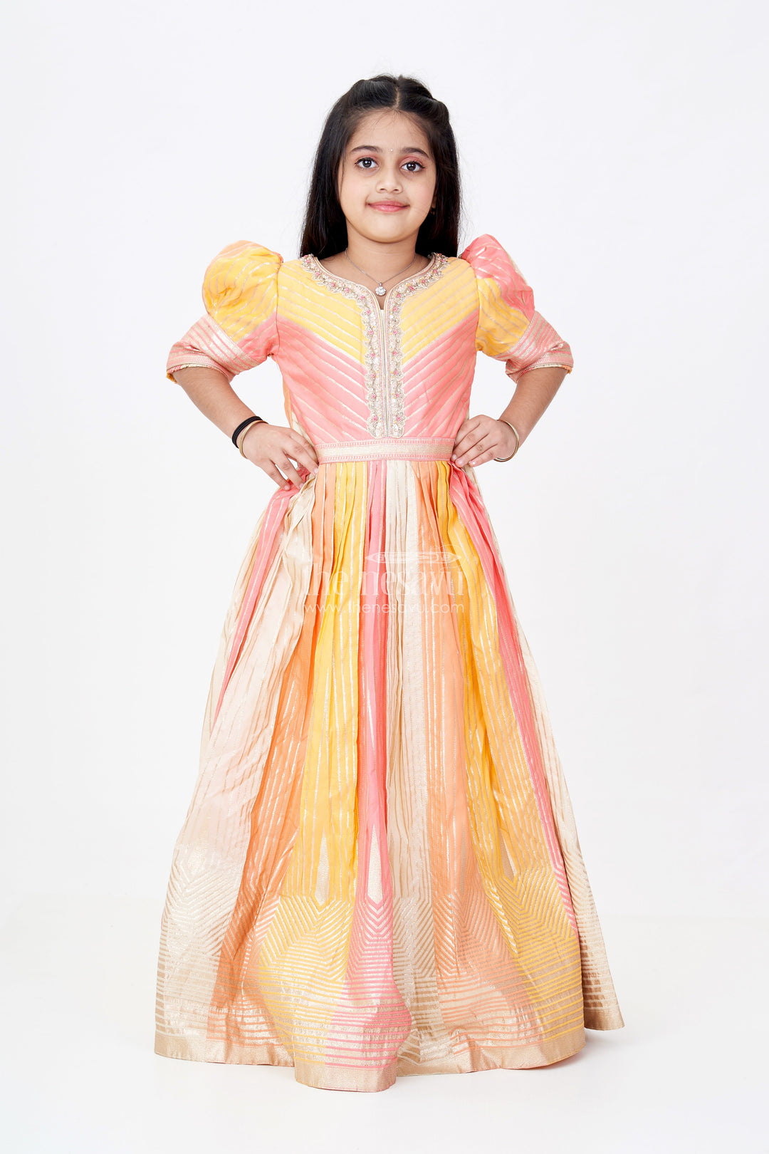 The Nesavu Girls Silk Gown Girls Yellow Gown with Banarasi Kali Jacquard Silk and Embellished Neckline for Festive Wear Nesavu Girls Yellow Gown Banarasi Kali Jacquard Silk Embellished Neckline Festive Wear | The Nesavu