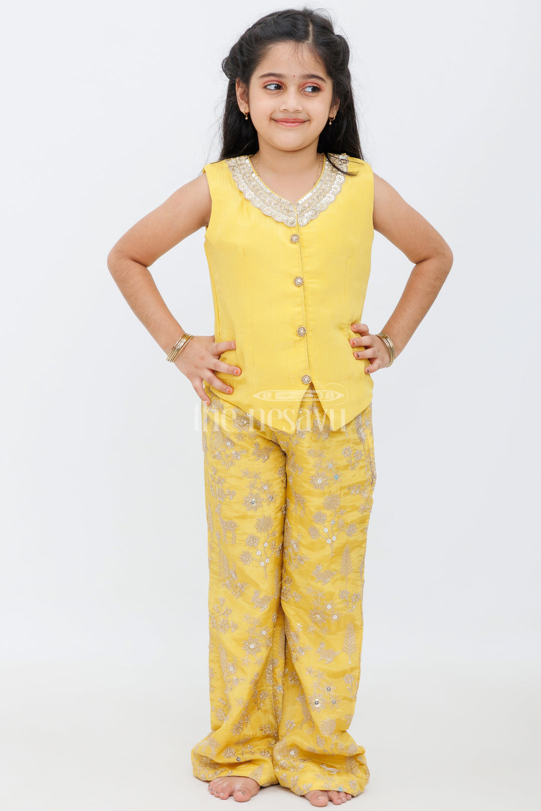 The Nesavu Girls Sharara / Plazo Set Girls Yellow Indo Western Palazzo Set with Embroidered Jacket Nesavu Nesavu Yellow Indo Western Palazzo Set Girls Embroidered Jacket Dupatta