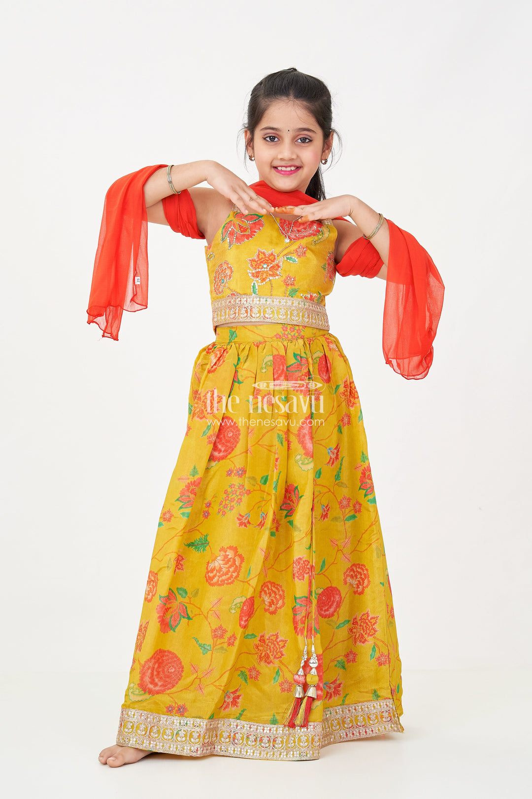 The Nesavu Girls Lehenga Choli Girls Yellow Lehenga for Reception with Floral Digital Prints and Embellished Waistband Nesavu 18 (2Y) / Yellow GL587A-18 Girls Yellow Lehenga Reception Floral Digital Prints Embellished Waistband | The Nesavu
