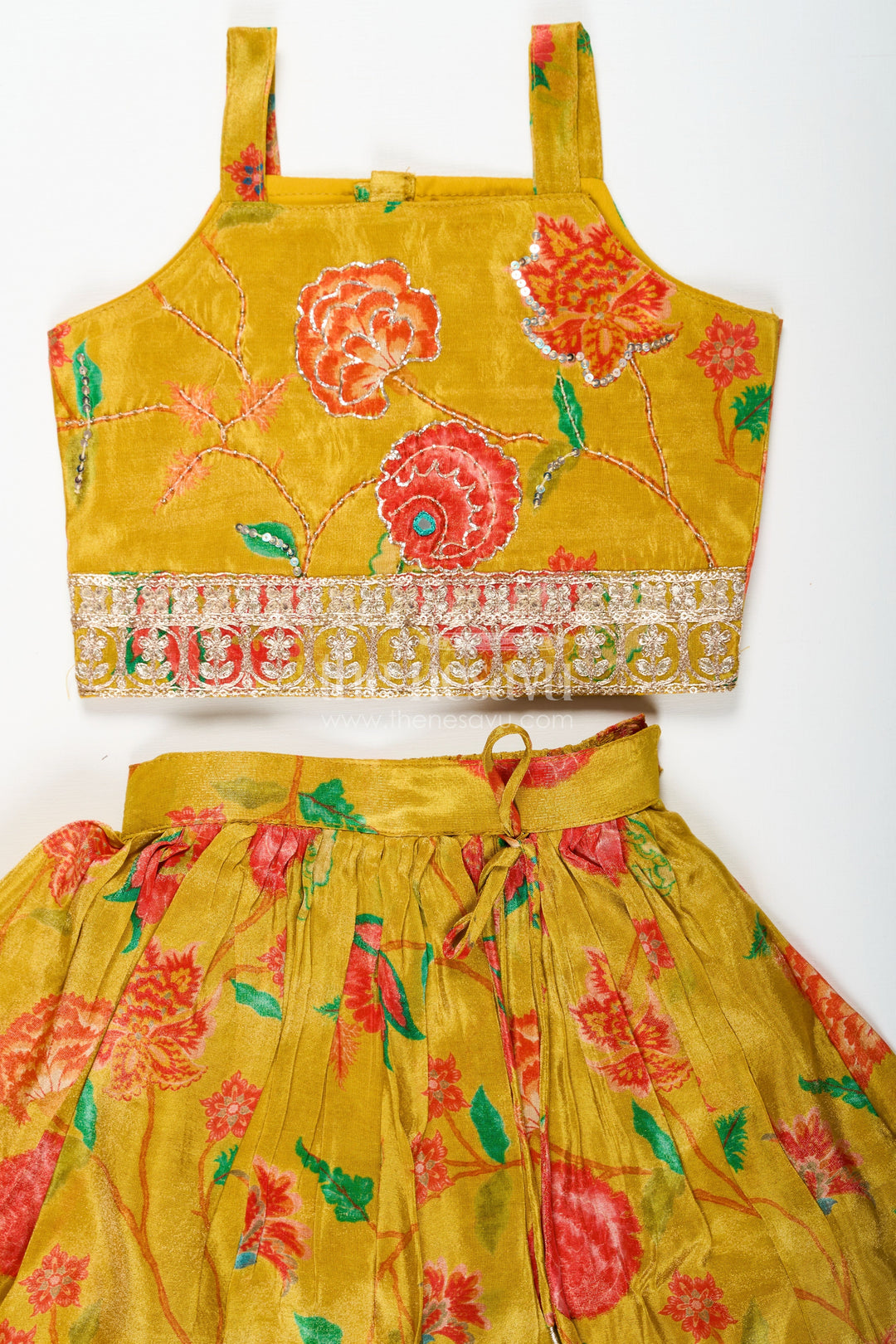 The Nesavu Girls Lehenga Choli Girls Yellow Lehenga for Reception with Floral Digital Prints and Embellished Waistband Nesavu Girls Yellow Lehenga Reception Floral Digital Prints Embellished Waistband | The Nesavu