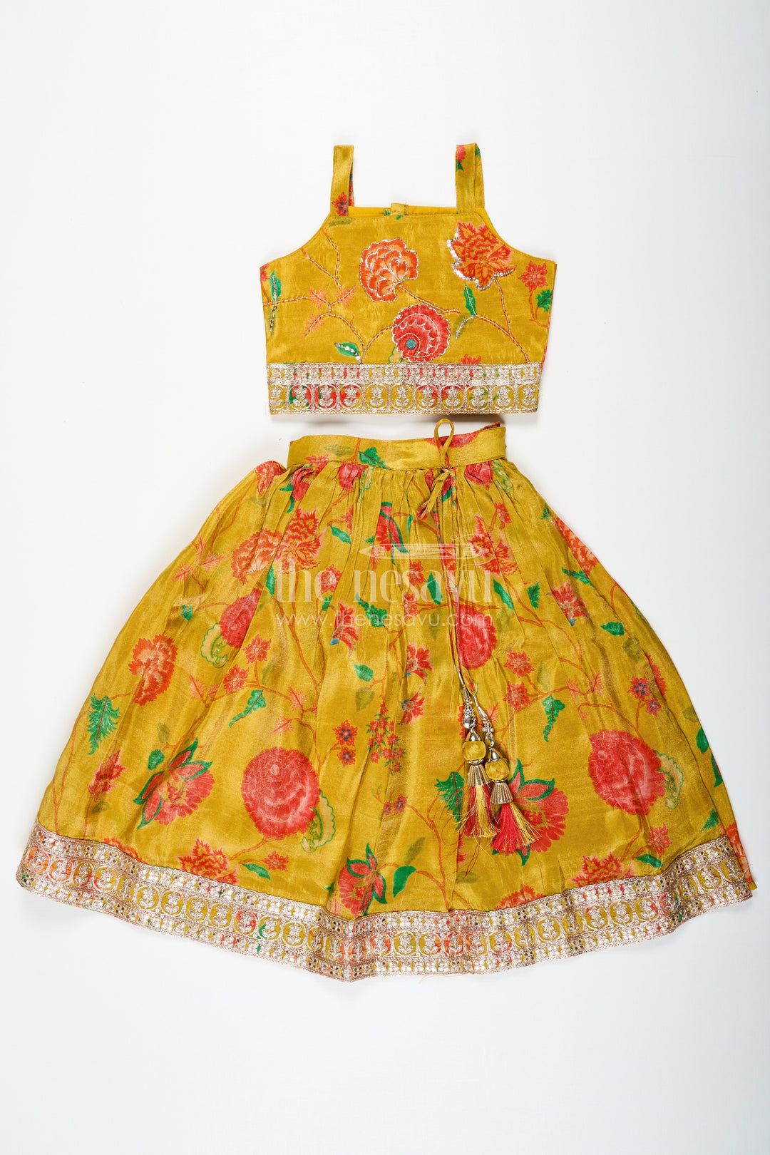 The Nesavu Girls Lehenga Choli Girls Yellow Lehenga for Reception with Floral Digital Prints and Embellished Waistband Nesavu Girls Yellow Lehenga Reception Floral Digital Prints Embellished Waistband | The Nesavu