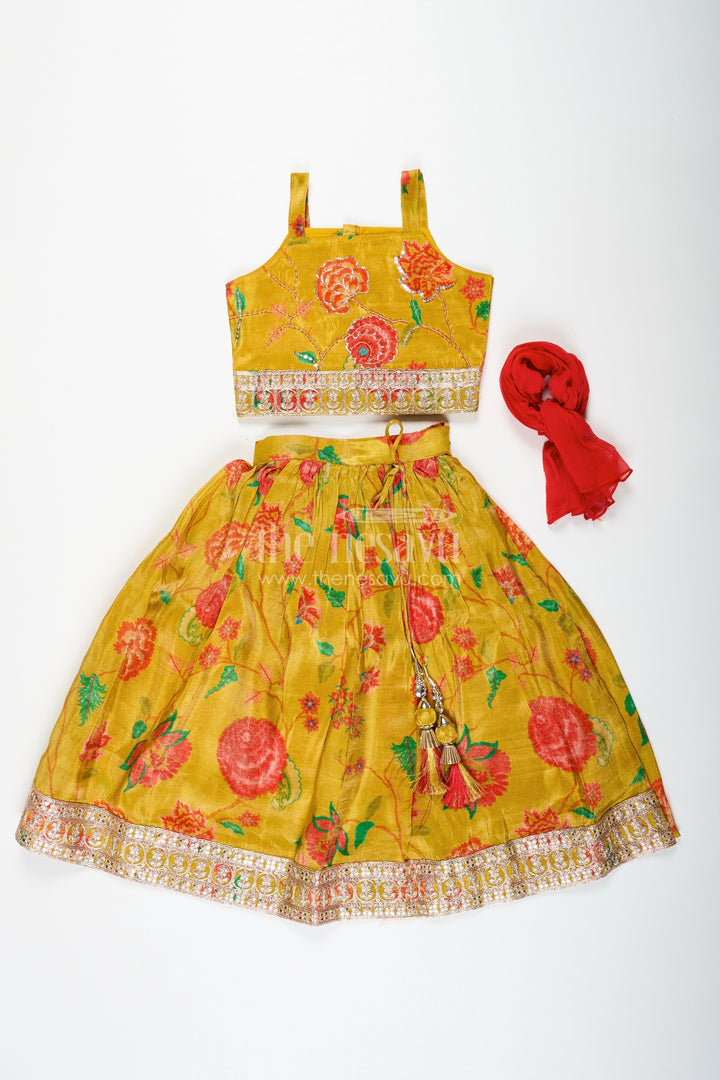 The Nesavu Girls Lehenga Choli Girls Yellow Lehenga for Reception with Floral Digital Prints and Embellished Waistband Nesavu Girls Yellow Lehenga Reception Floral Digital Prints Embellished Waistband | The Nesavu