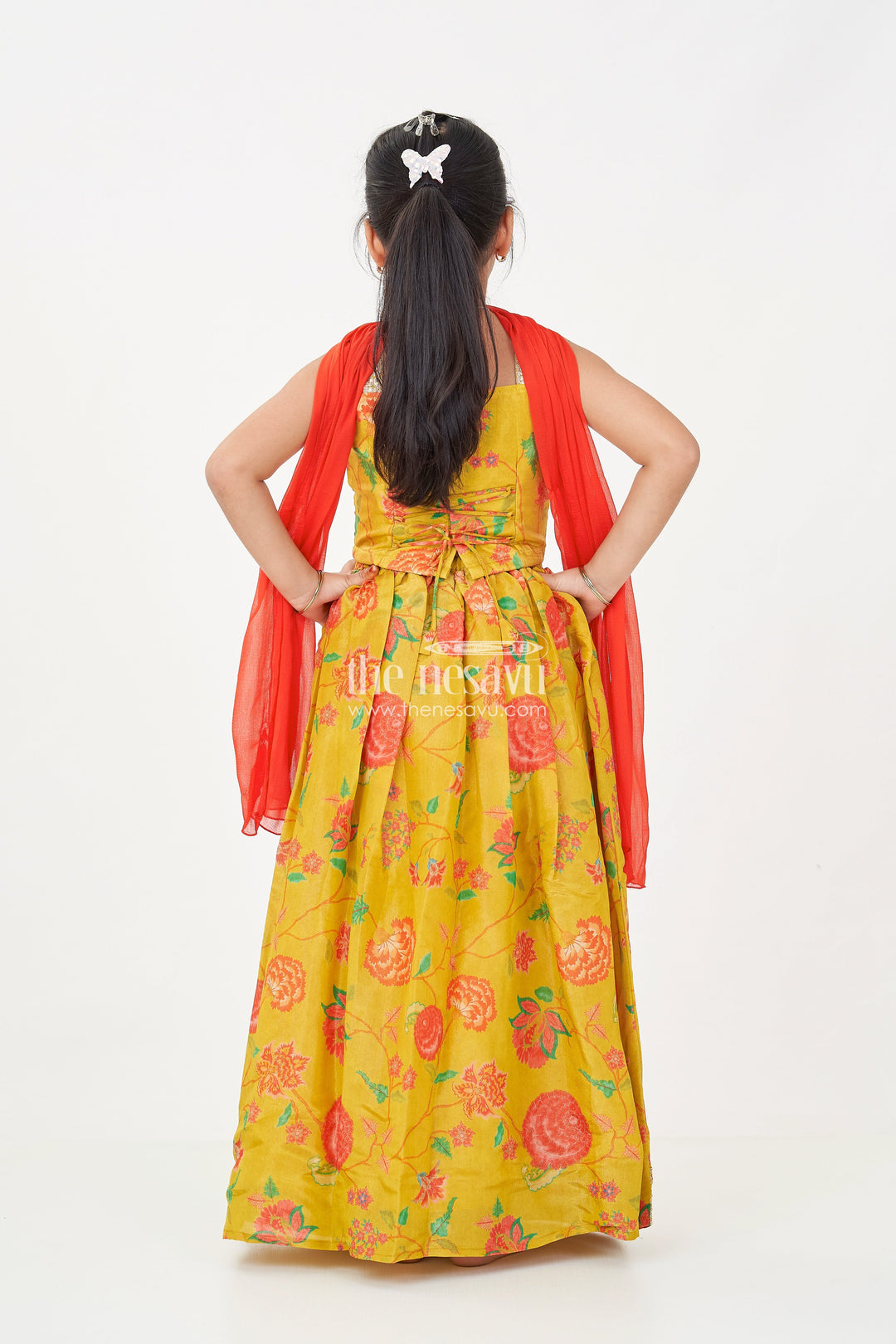 The Nesavu Girls Lehenga Choli Girls Yellow Lehenga for Reception with Floral Digital Prints and Embellished Waistband Nesavu Girls Yellow Lehenga Reception Floral Digital Prints Embellished Waistband | The Nesavu