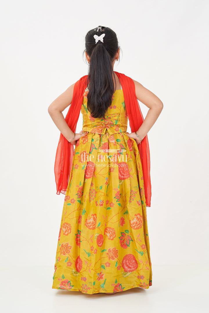 The Nesavu Girls Lehenga Choli Girls Yellow Lehenga for Reception with Floral Digital Prints and Embellished Waistband Nesavu Girls Yellow Lehenga Reception Floral Digital Prints Embellished Waistband | The Nesavu