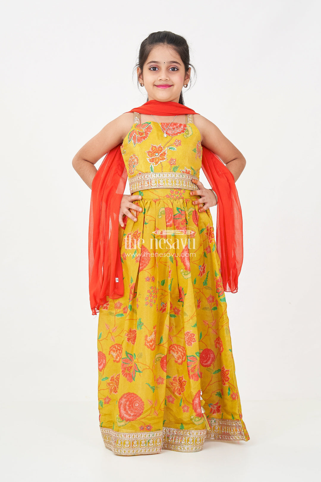 The Nesavu Girls Lehenga Choli Girls Yellow Lehenga for Reception with Floral Digital Prints and Embellished Waistband Nesavu Girls Yellow Lehenga Reception Floral Digital Prints Embellished Waistband | The Nesavu