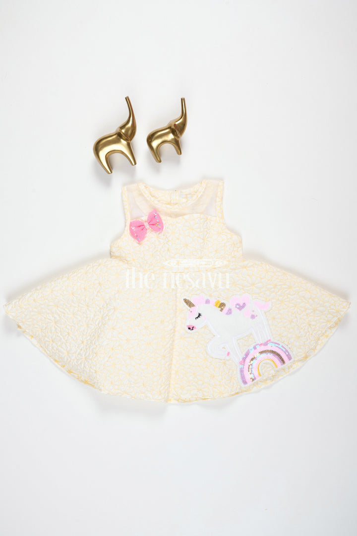 The Nesavu Baby Fancy Frock Girls Yellow Party Frock with Unicorn Appliqué and Pink Bow for Playdates and Special Events Nesavu Nesavu Girls Yellow Frock Unicorn Appliqu Pink Bow Birthday Parties Summer Events