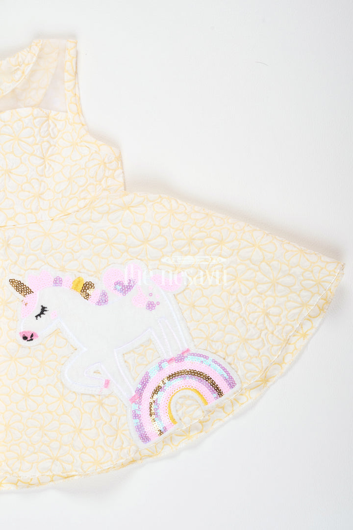 The Nesavu Baby Fancy Frock Girls Yellow Party Frock with Unicorn Appliqué and Pink Bow for Playdates and Special Events Nesavu Nesavu Girls Yellow Frock Unicorn Appliqu Pink Bow Birthday Parties Summer Events