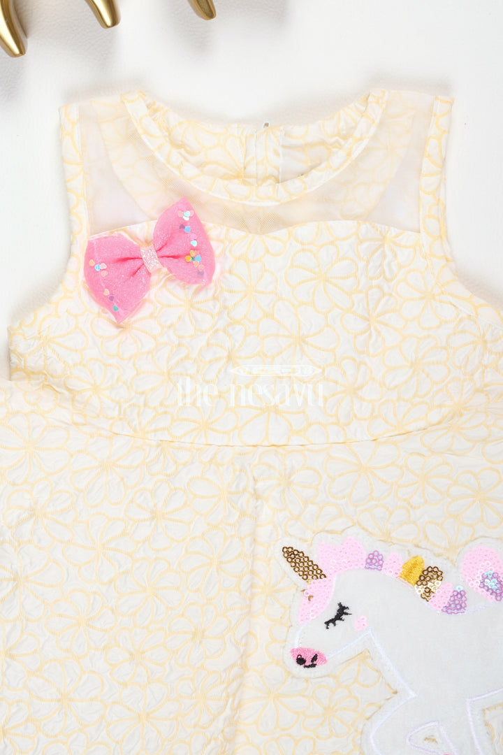 The Nesavu Baby Fancy Frock Girls Yellow Party Frock with Unicorn Appliqué and Pink Bow for Playdates and Special Events Nesavu Nesavu Girls Yellow Frock Unicorn Appliqu Pink Bow Birthday Parties Summer Events