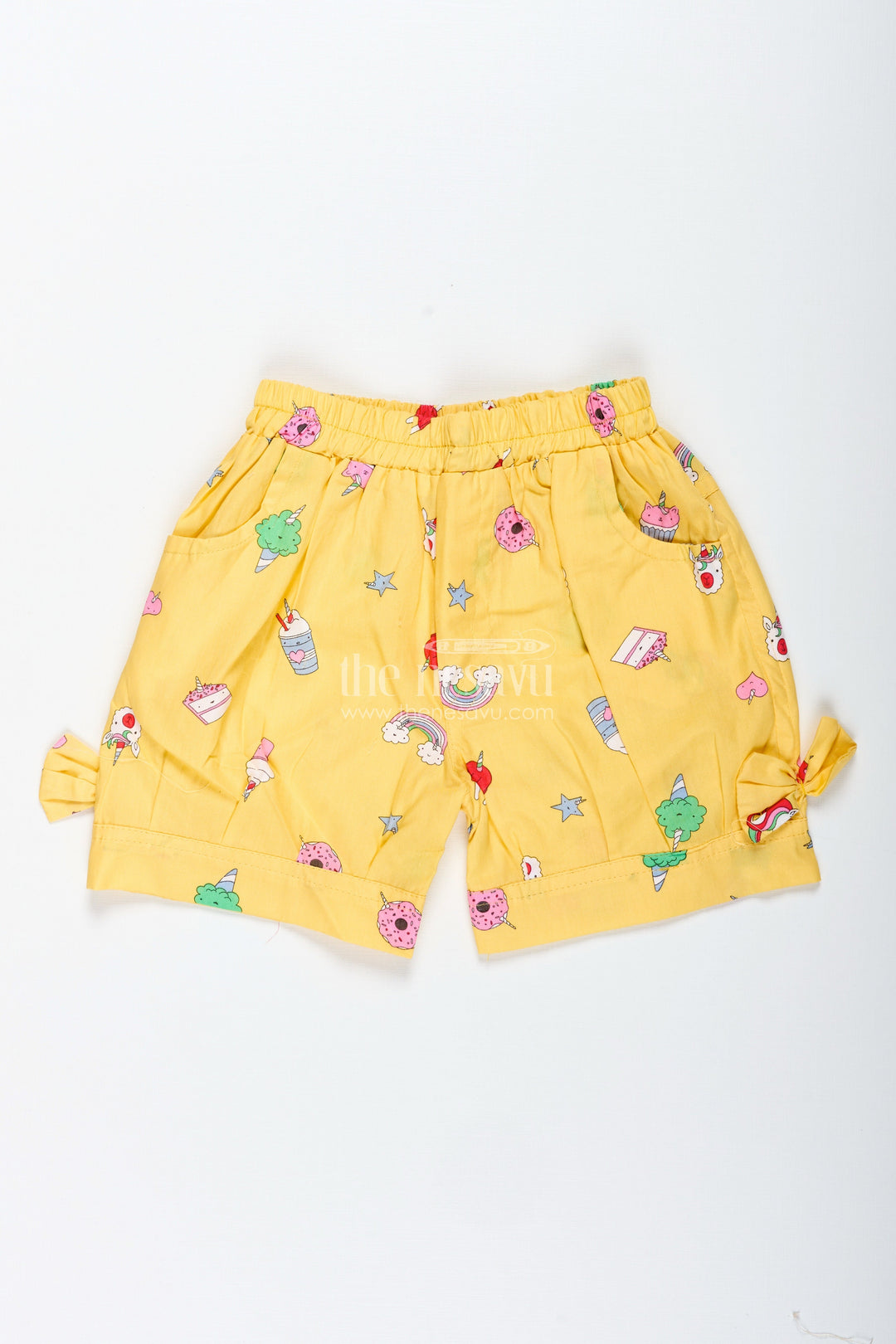The Nesavu Girls Shorts Girls Yellow Printed Cotton Shorts with Unicorn and Rainbow Designs Nesavu 22 (4Y) / Yellow LBW046A-22 Nesavu Girls Yellow Cotton Shorts Unicorn Rainbow Print Summer Play