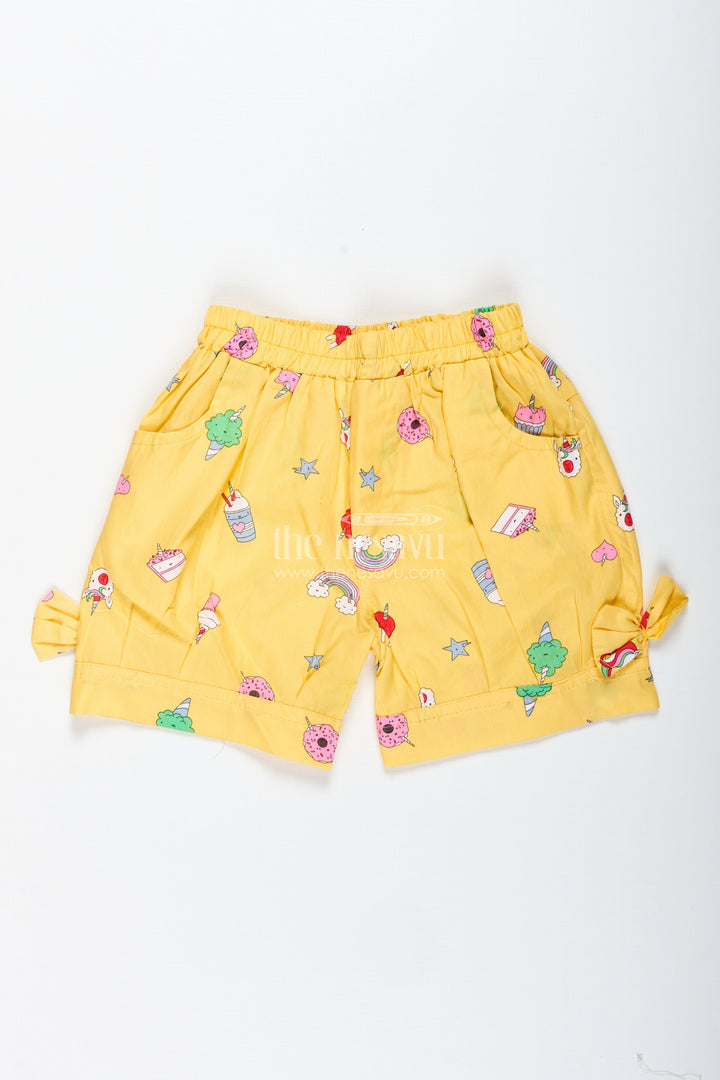 The Nesavu Girls Shorts Girls Yellow Printed Cotton Shorts with Unicorn and Rainbow Designs Nesavu 22 (4Y) / Yellow LBW046A-22 Nesavu Girls Yellow Cotton Shorts Unicorn Rainbow Print Summer Play