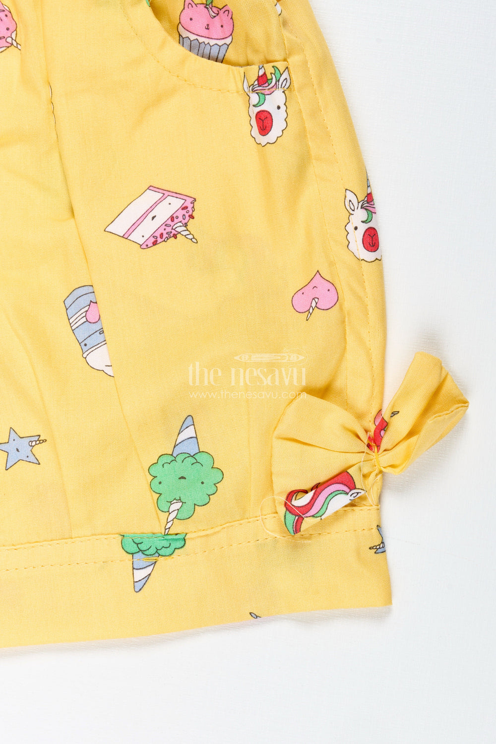 The Nesavu Girls Shorts Girls Yellow Printed Cotton Shorts with Unicorn and Rainbow Designs Nesavu Nesavu Girls Yellow Cotton Shorts Unicorn Rainbow Print Summer Play