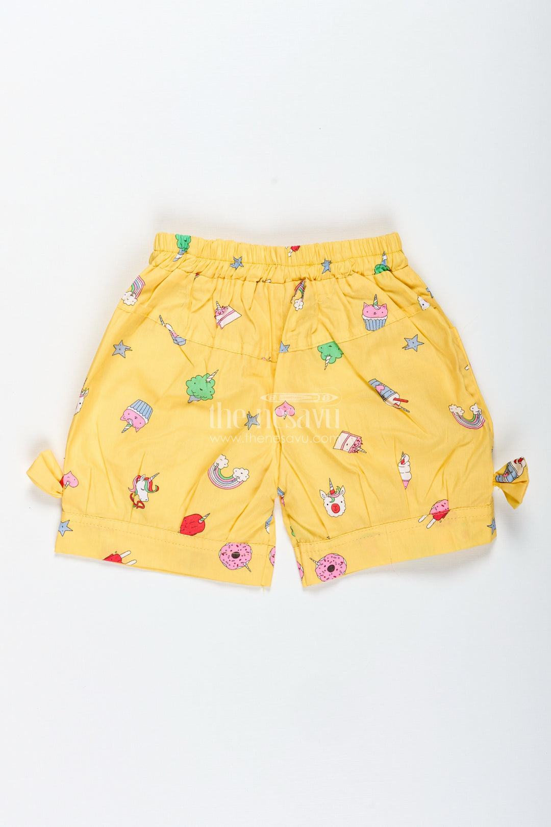 The Nesavu Girls Shorts Girls Yellow Printed Cotton Shorts with Unicorn and Rainbow Designs Nesavu Nesavu Girls Yellow Cotton Shorts Unicorn Rainbow Print Summer Play