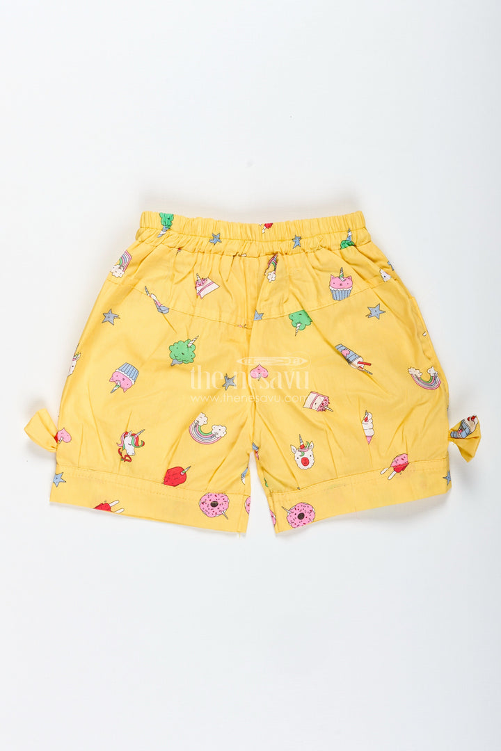 The Nesavu Girls Shorts Girls Yellow Printed Cotton Shorts with Unicorn and Rainbow Designs Nesavu Nesavu Girls Yellow Cotton Shorts Unicorn Rainbow Print Summer Play