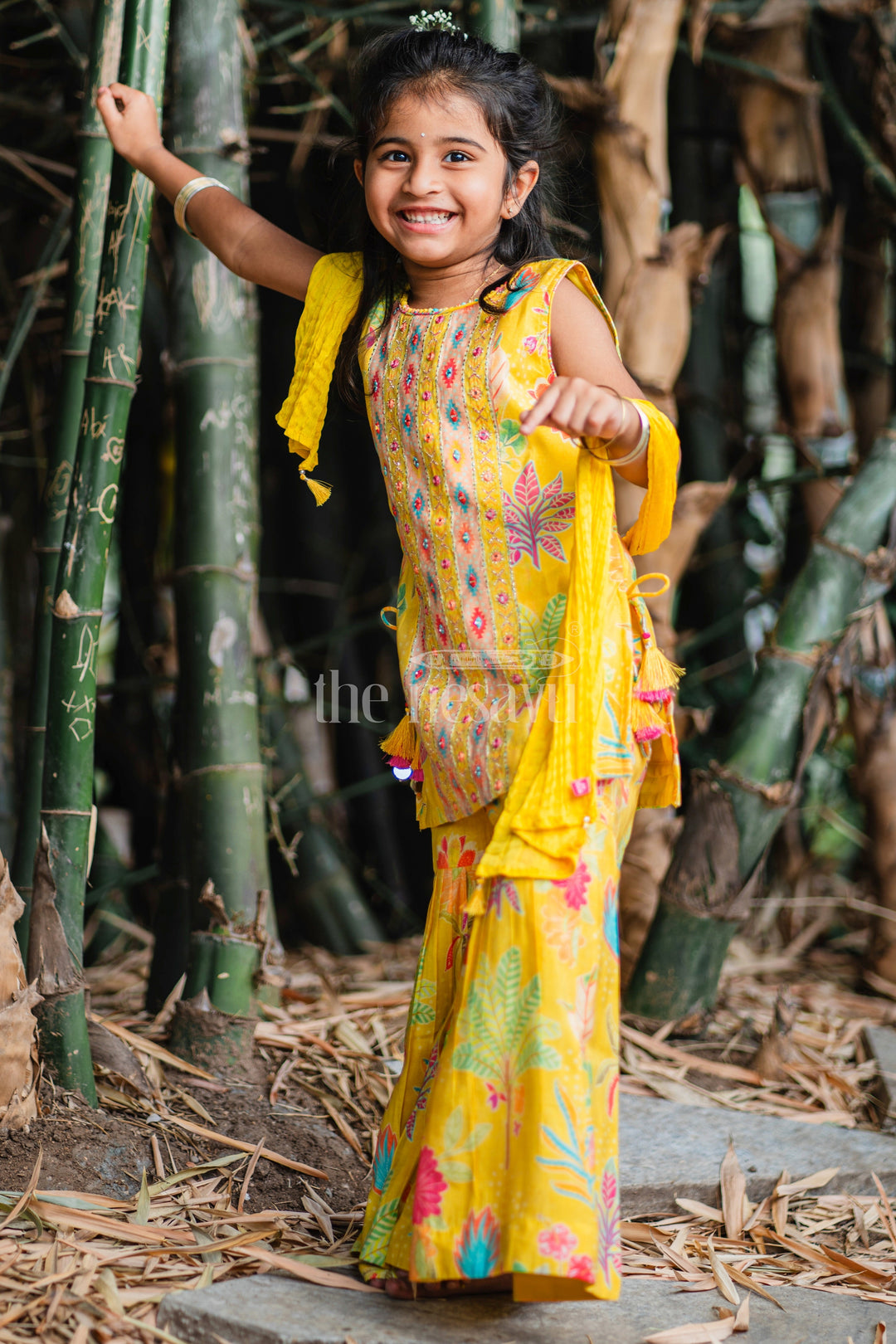 The Nesavu Girls Sharara / Plazo Set Girls Yellow Sharara Plazo Set with Floral and Ethnic-Inspired Patterns Nesavu 16 (1Y) / Yellow GPS413A-16 Nesavu Girls Yellow Sharara Plazo Set Floral Print Embroidered Top