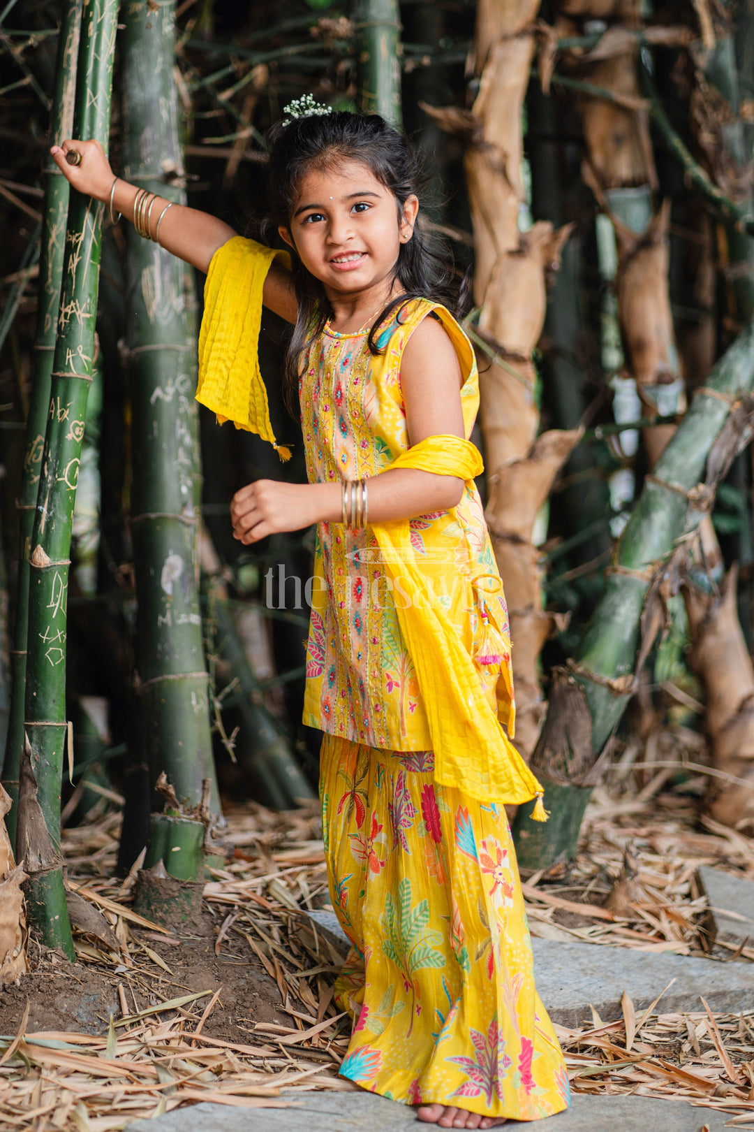 The Nesavu Girls Sharara / Plazo Set Girls Yellow Sharara Plazo Set with Floral and Ethnic-Inspired Patterns Nesavu Nesavu Girls Yellow Sharara Plazo Set Floral Print Embroidered Top