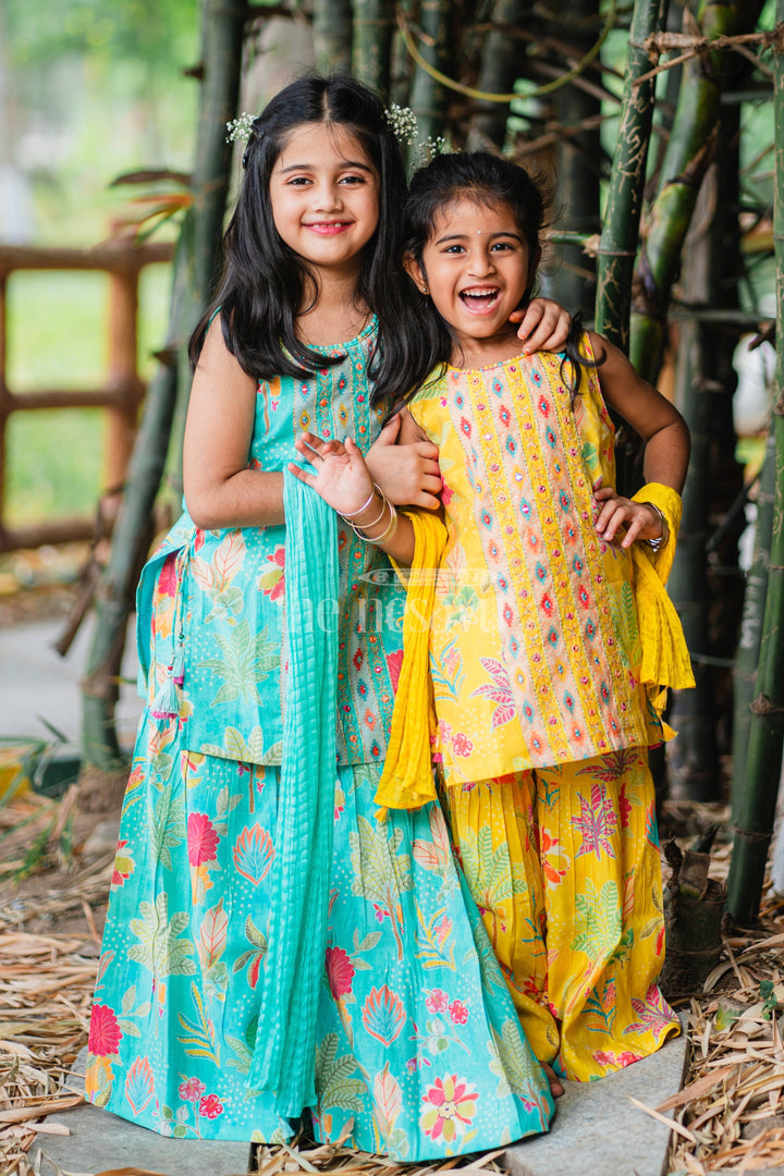 The Nesavu Girls Sharara / Plazo Set Girls Yellow Sharara Plazo Set with Floral and Ethnic-Inspired Patterns Nesavu Nesavu Girls Yellow Sharara Plazo Set Floral Print Embroidered Top