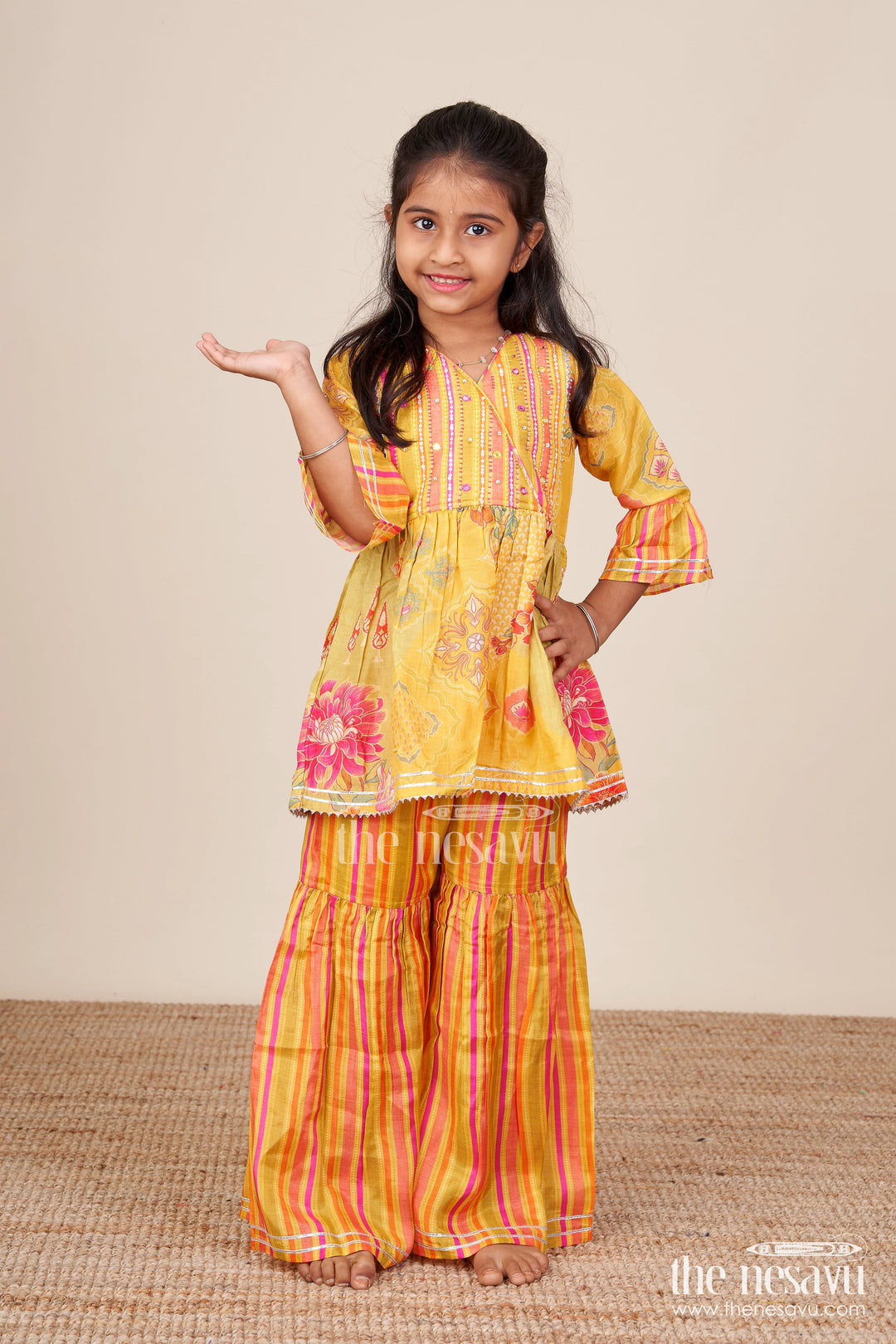 The Nesavu Girls Sharara / Plazo Set Girls Yellow Sharara Set with Ethnic Floral Print for Festive Functions Nesavu 18 (2Y) / Yellow GPS855B-18 Nesavu girls yellow sharara set ethnic floral print striped pants  festive wear toddlers