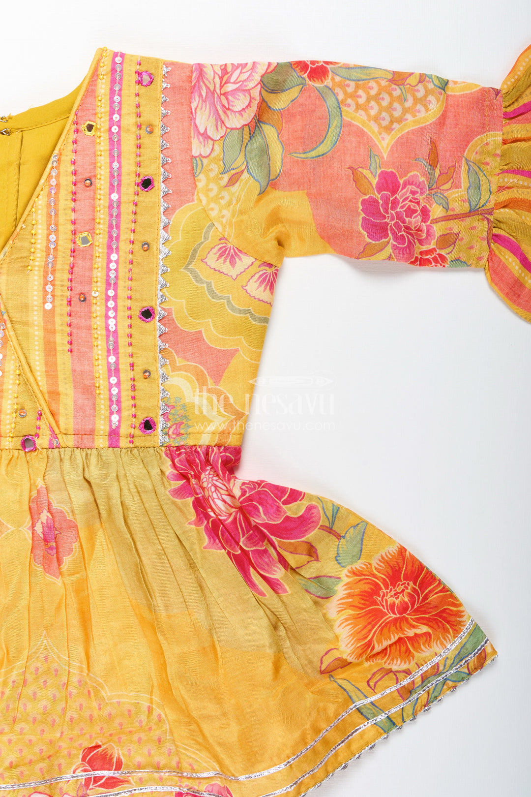 The Nesavu Girls Sharara / Plazo Set Girls yellow sharara set with ethnic floral print for festive functions Nesavu Nesavu girls yellow sharara set ethnic floral print striped pants  festive wear toddlers