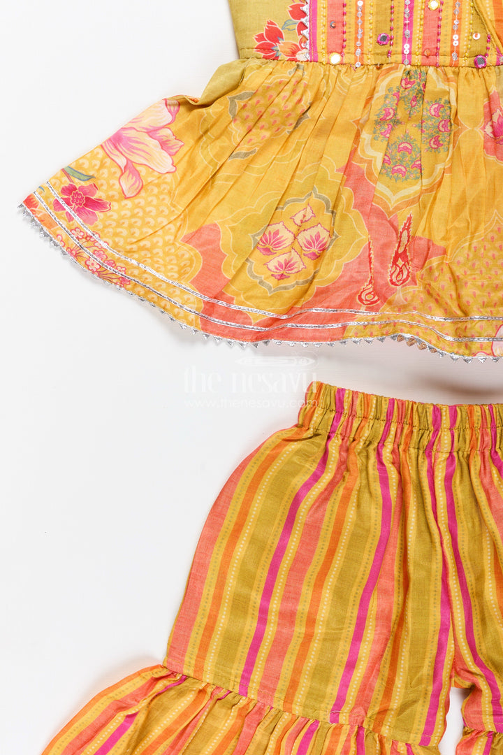 The Nesavu Girls Sharara / Plazo Set Girls yellow sharara set with ethnic floral print for festive functions Nesavu Nesavu girls yellow sharara set ethnic floral print striped pants  festive wear toddlers