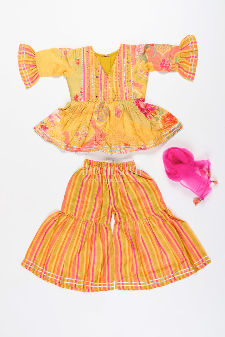 The Nesavu Girls Sharara / Plazo Set Girls yellow sharara set with ethnic floral print for festive functions Nesavu Nesavu girls yellow sharara set ethnic floral print striped pants  festive wear toddlers