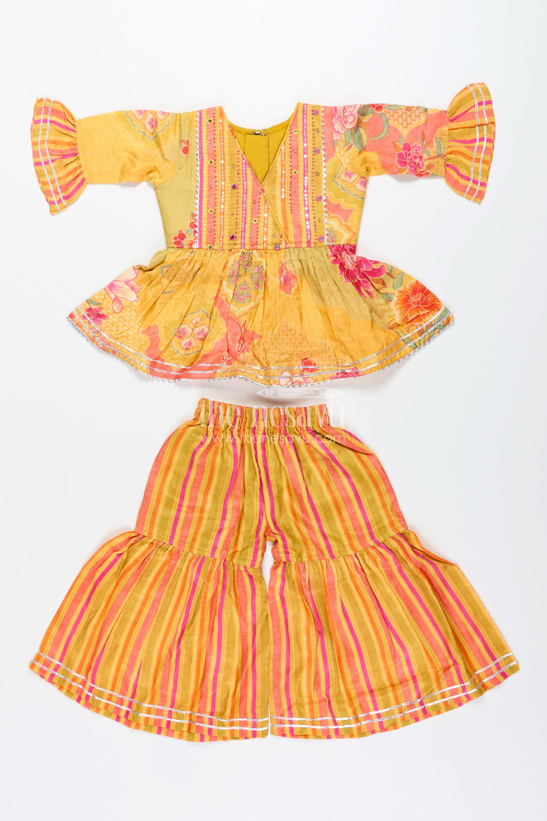 The Nesavu Girls Sharara / Plazo Set Girls yellow sharara set with ethnic floral print for festive functions Nesavu Nesavu girls yellow sharara set ethnic floral print striped pants  festive wear toddlers