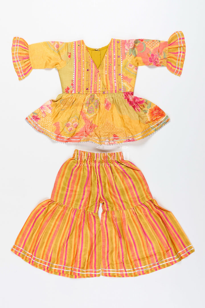The Nesavu Girls Sharara / Plazo Set Girls yellow sharara set with ethnic floral print for festive functions Nesavu Nesavu girls yellow sharara set ethnic floral print striped pants  festive wear toddlers