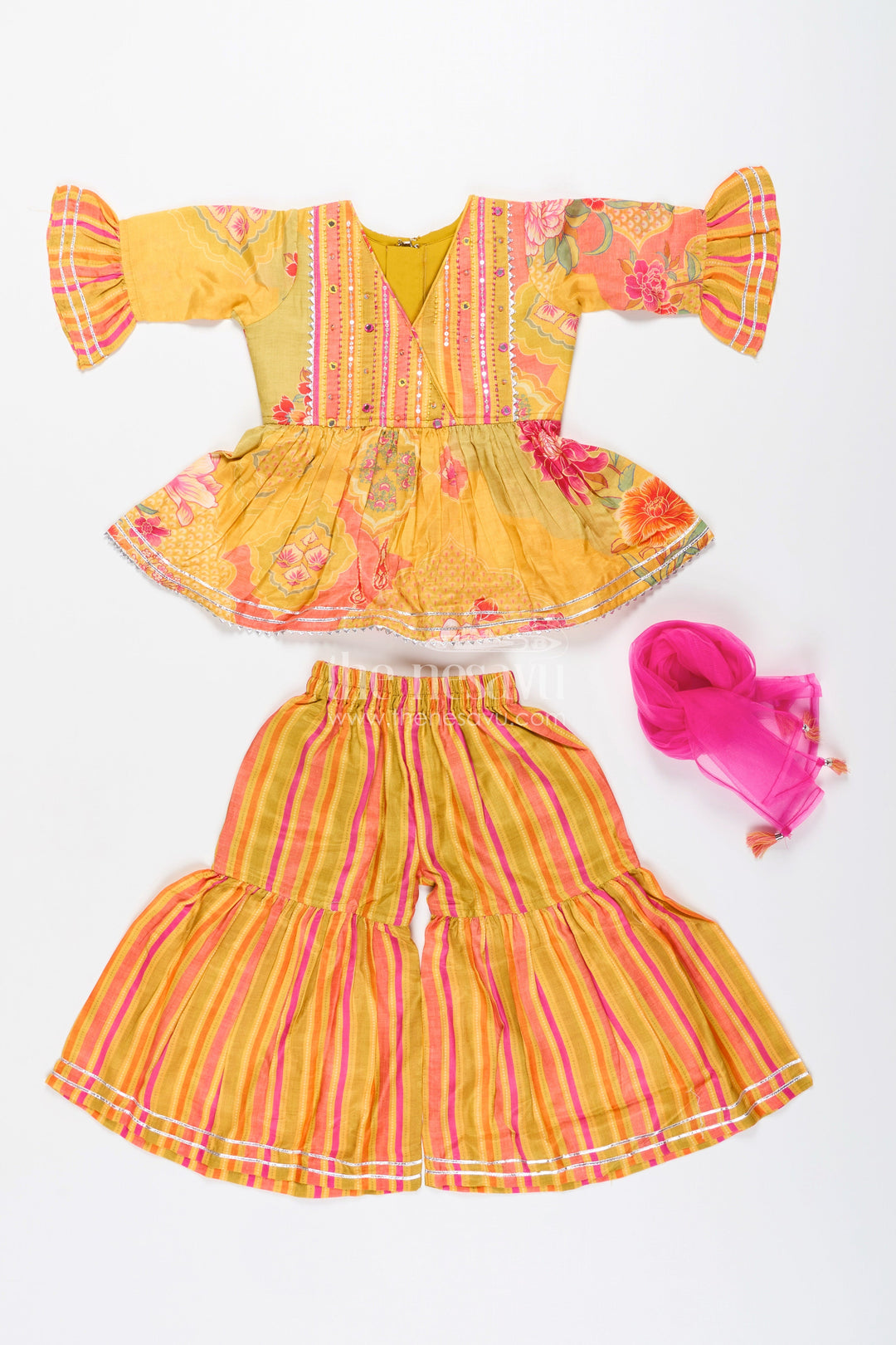The Nesavu Girls Sharara / Plazo Set Girls yellow sharara set with ethnic floral print for festive functions Nesavu Nesavu girls yellow sharara set ethnic floral print striped pants  festive wear toddlers