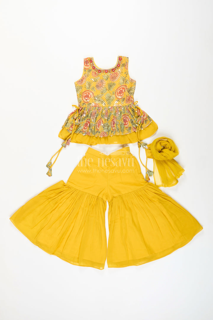 The Nesavu Girls Sharara / Plazo Set Girls yellow sharara set with mirror embroidery for festive occasions Nesavu Nesavu girls yellow embroidered sharara set mirror work  festive ethnic outfit weddings Diwali